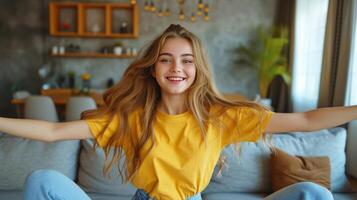 ai gerado uma lindo jovem menina dentro jeans e uma amarelo camiseta danças em a sofá dentro uma moderno vivo quarto foto