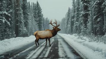 ai gerado a alce é cozimento a estrada certo dentro frente do a carro. inverno foto