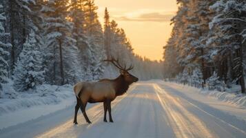 ai gerado a alce é cozimento a estrada certo dentro frente do a carro. inverno foto