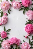 ai gerado em branco branco folha. por aí isto é uma quadro, Armação do Rosa peônias. minimalista brilhante fundo foto