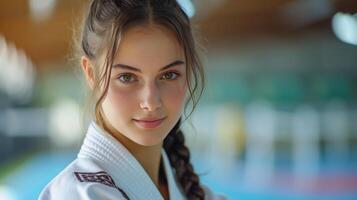 ai gerado lindo jovem fêmea judoca posando às a campeonato e olhando às a Câmera foto