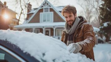 ai gerado jovem bonito homem compensação neve a partir de dele carro Próximo para dele clássico americano casa foto