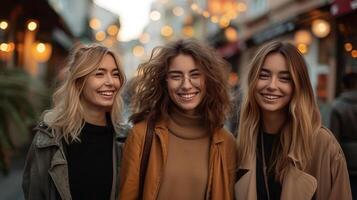 ai gerado três fêmea melhor amigos tendo Diversão juntos caminhando dentro rua café fazer compras foto