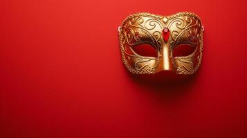 ai gerado topo Visão do dourado carnaval mascarar em vermelho fundo foto