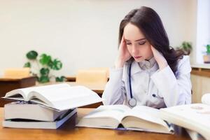 uma fêmea médico aluna com uma dor de cabeça é estudando uma Novo tema em livros didáticos. foto