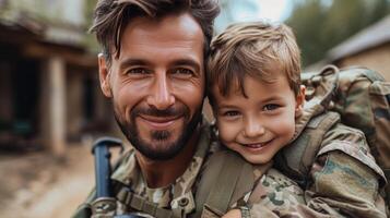 ai gerado americano sorridente jovem bonito soldado segurando uma Garoto dentro dele braços foto