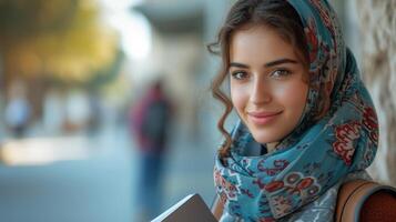 ai gerado a imagem do uma alegre árabe fêmea aluna segurando dela Smartphone e livros de exercícios em pé ao ar livre, enquanto uma feliz jovem meio Oriental mulher anda em dentro a cidade depois de Aulas e parece longe foto