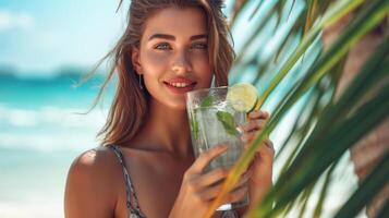 ai gerado lindo jovem mulher dentro uma bikini bebidas uma cinzento Mojito em a de praia foto