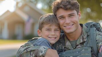 ai gerado americano sorridente jovem bonito soldado segurando uma Garoto dentro dele braços foto