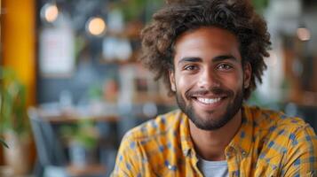 ai gerado a sorridente étnico aluna segurando uma digital tábua tem fui usando isto para estudar, comunicar, surfar a rede ou ler a ebook. foto