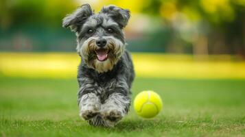 ai gerado fofo desgrenhado cachorro tocam em a verão gramado com uma amarelo tênis bola foto