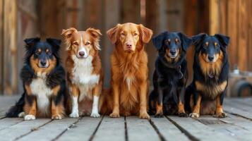 ai gerado cinco cachorros sentar dentro uma linha e Veja às a Câmera foto