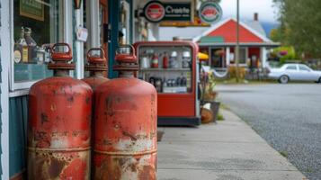 ai gerado gás cilindros ficar de pé às uma gás estação dentro uma clássico americano pequeno Cidade foto