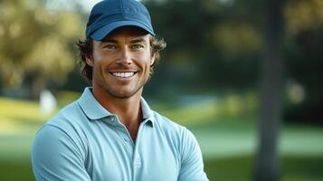 ai gerado bonito masculino atleta jogador de golfe posando e olhando sorridente às a Câmera foto