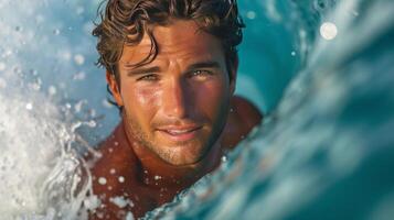 ai gerado bonito jovem bronzeada surfista em uma grande onda olhando às a Câmera sorridente foto