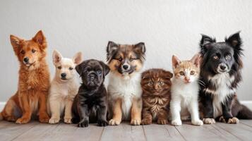 ai gerado muitos diferente cachorros e gatos sentar dentro uma linha e Veja às a Câmera foto