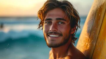 ai gerado bonito jovem bronzeada surfista carrinhos em a oceano costa e parece às a Câmera sorridente foto