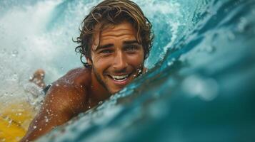 ai gerado bonito jovem bronzeada surfista em uma grande onda olhando às a Câmera sorridente foto