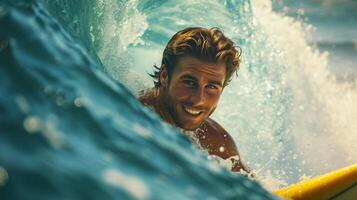 ai gerado bonito jovem bronzeada surfista em uma grande onda olhando às a Câmera sorridente foto