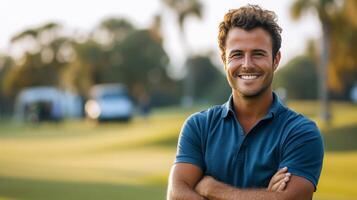 ai gerado bonito masculino atleta jogador de golfe posando e olhando sorridente às a Câmera foto