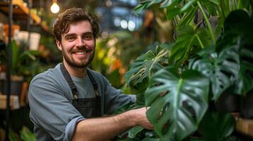 ai gerado jovem bonito jardineiro levando Cuidado do monstera casa plantar foto