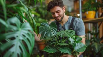 ai gerado jovem bonito jardineiro levando Cuidado do monstera casa plantar foto