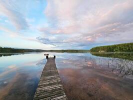 de madeira cais saliente para dentro uma sueco lago. natureza tiro a partir de a escandinavo foto
