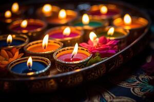 ai gerado feliz diwali - diya lâmpadas aceso durante celebração foto