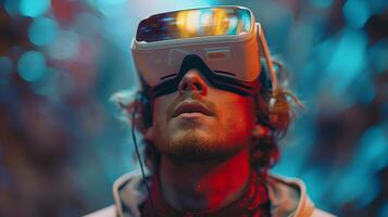 ai gerado conceito do virtual realidade, tridimensional tecnologia, entretenimento, ciberespaço, e pessoas - feliz jovem homem vestindo virtual realidade óculos ou uma virtual realidade fone de ouvido foto