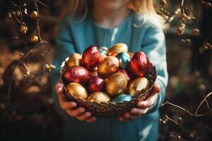ai gerado criança menina mão aguarde colorida Páscoa ovo dentro jardim com luz solar, generativo al. foto
