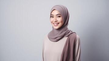 ai gerado radiante sorrir do uma lindo ásia mulher com uma hijab, capturando genuíno alegria e cordialidade, contra uma cinzento fundo foto