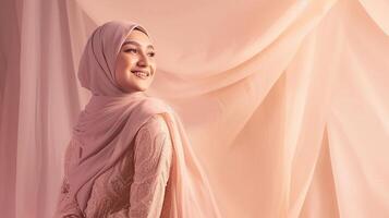 ai gerado lindo hijab vestindo mulher dentro uma festivo Ramadã temático sessão de fotos, exibindo elegante islâmico vestuário e feliz poses dentro uma caloroso e convidativo estúdio configuração foto