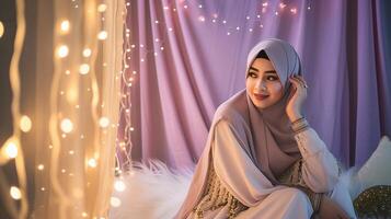 ai gerado lindo hijab vestindo mulher dentro uma festivo Ramadã temático sessão de fotos, exibindo elegante islâmico vestuário e feliz poses dentro uma caloroso e convidativo estúdio configuração foto