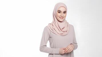 ai gerado lindo usando hijab mulher dentro uma retrato exibindo uma em branco Rosa cor foto estúdio conceito com elegância