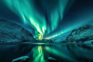 ai gerado norte luzes dentro noite céu sobre Nevado montanhas foto