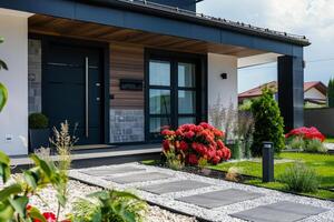 ai gerado exterior do casa com porta e plantas dentro frente Jardim foto