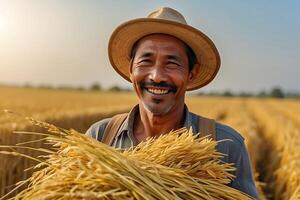 ai gerado uma homem agricultor é carregando arroz dentro dele grande agrícola terra foto