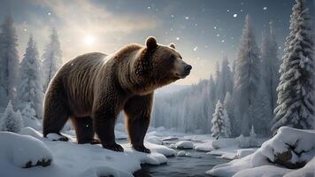 ai gerado Urso explorando uma inverno país das maravilhas foto