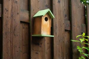 verde Casa de passarinho em de madeira cerca foto
