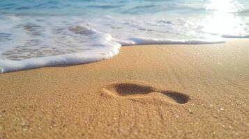 ai gerado uma sereno de praia litoral, apresentando suave areia, □ Gentil ondas, e espumante águas, é capturado acima fechar debaixo a brilhante luz solar. foto