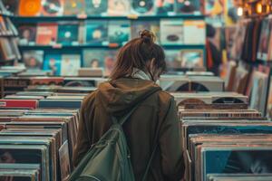 ai gerado retro fotografia do uma adolescente dentro uma registro fazer compras. anos 60, anos 70, menina navegando vinil álbum dentro uma registro loja. vinil álbum em venda foto