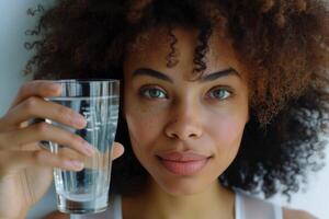 ai gerado fechar-se, jovem mulher bebendo água, mulher desfrutando uma refrescante bebida às lar, generativo ai foto