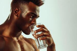 ai gerado fechar-se, jovem homem bebendo água, homem desfrutando uma refrescante bebida às lar, generativo ai foto