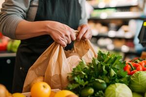 ai gerado mercearia loja caixa embalagem Comida para dentro uma reutilizável bolsa. generativo ai foto