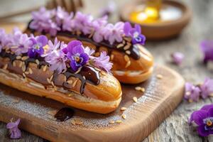 ai gerado eclairs garoa com querida e enfeitado com cristalizado violetas. generativo ai foto