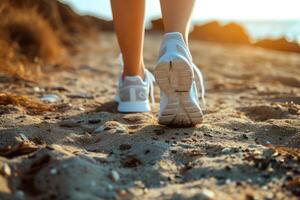 ai gerado mulher dentro corrida sapatos em a de praia. exercite-se e Treinamento para começar uma correr. generativo ai foto