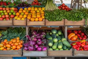 ai gerado fresco orgânico frutas e legumes às agricultores mercado. generativo ai foto