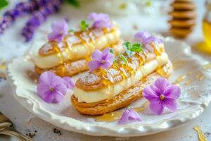 ai gerado eclairs garoa com querida e enfeitado com cristalizado violetas. generativo ai foto