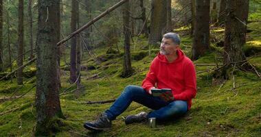 homem dentro natureza. ao ar livre viagem conceito. turista lê uma livro dentro uma lindo floresta foto