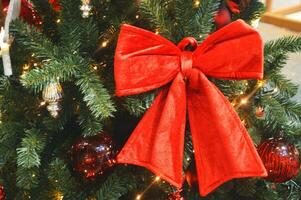 uma ampla lindo vermelho arco em a galhos do uma Natal árvore. lindo feriado decoração. foto